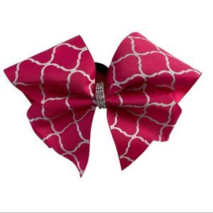 Cheerleader Pink and White Cheer Bow Rhinestone Center on Ponytail Holder
